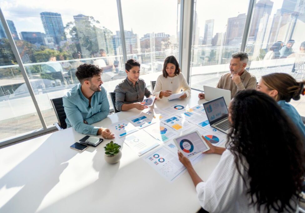 Multi racial group of people working with Paperwork on a board room table at a business presentation or seminar. The documents have financial or marketing figures, graphs and charts on them. There is a laptop and digital tablet  on the table. Multi ethnic group including Caucasian and African American